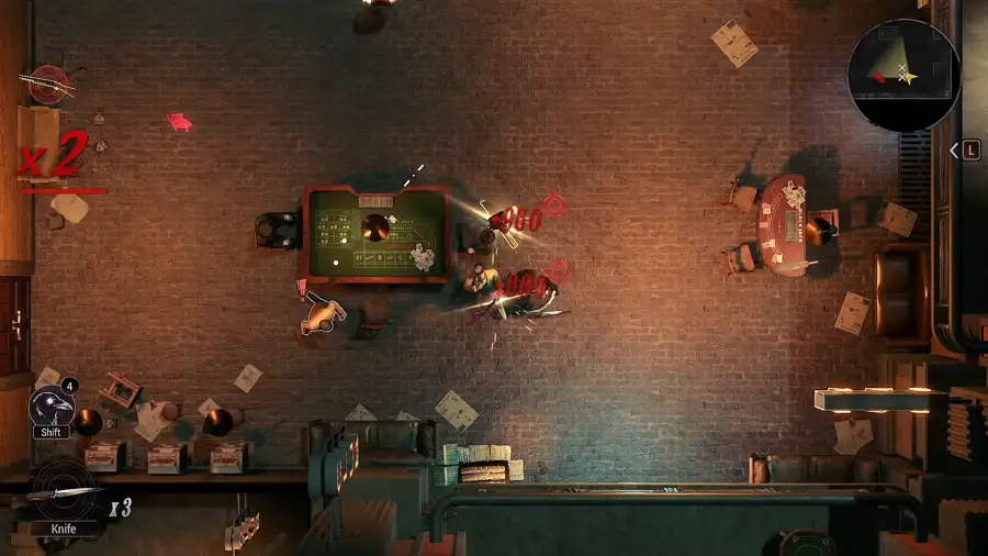 Top-down view of a casino room fight in Cohen 1939 with a x2 combo counter