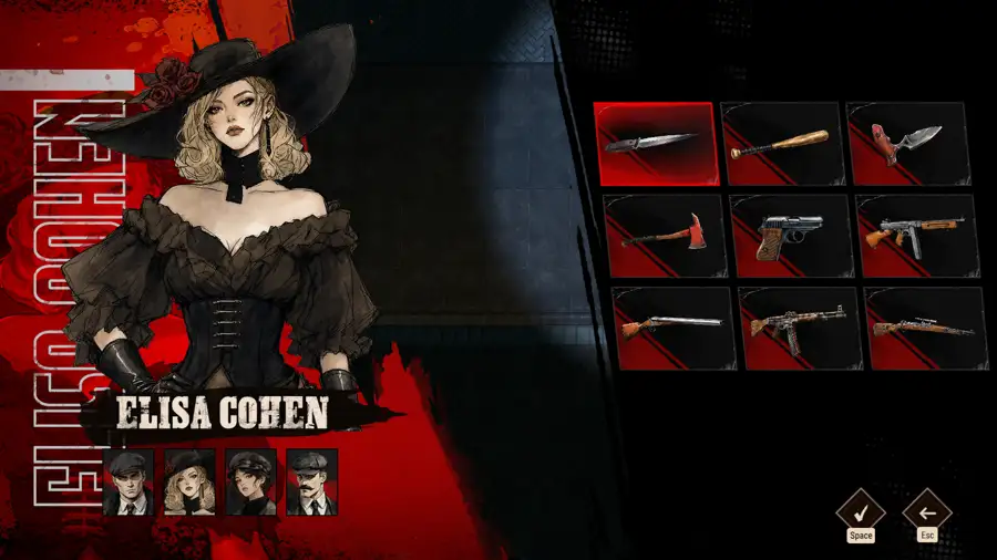 Elisa Cohen's loadout screen in Cohen 1939, showing the four character portraits and nine weapon slots