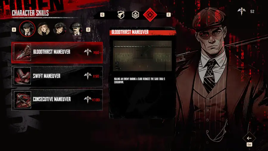 The character skills screen in Cohen 1939 showing three Maneuver upgrades for the slide skill and their badge costs