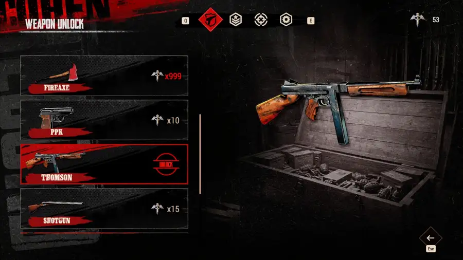 The Weapon Unlock menu in Cohen 1939 listing the Fireaxe, PPK, Thompson and Shotgun with badge costs